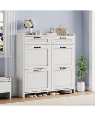 Shoe Cabinet with 4 Flip Drawers & 2 Top Drawers, Wooden Shoe Organizer Cabinet with Adjustable Shelf