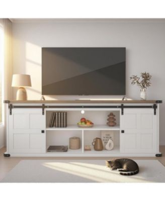 70" Farmhouse TV Stand for 75 Inch TVs, Wood Media Console with Sliding Barn Doors, Modern Entertainment Center for Living Room