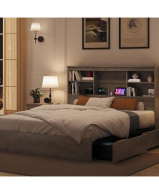 Queen Size Bed Frame – Wood Construction with Bookcase Headboard, 4 Storage Drawers & Built In Charging Station, Noise Free Design