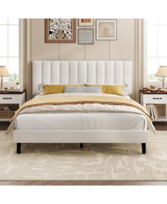 Bed Frame, Velvet Upholstered Platform Bed with Adjustable Vertical Channel Tufted Headboard, No Box Spring Needed, Easy Assembly
