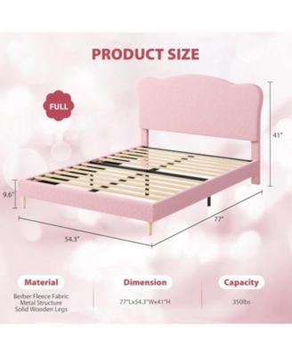 Upholstered Full Size Bed Frame for Kids with Scallop Headboard, Cute Velvet Full Bed for Girls, Boys, Sturdy Platform Bed, Wooden Slats.