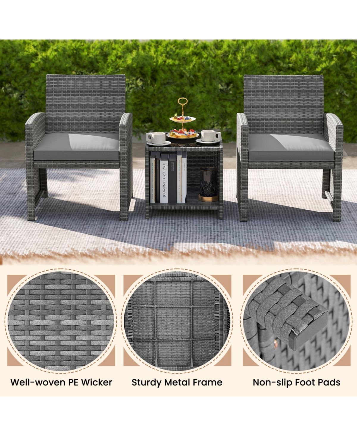 Gymax 3 Pieces Patio Furniture Set Pe Rattan Chairs w/ Storage Coffee Table