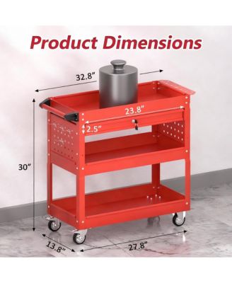 3 Tier Rolling Tool Cart with Drawer & Pegboard, 550 lbs Capacity, Easy Assembly