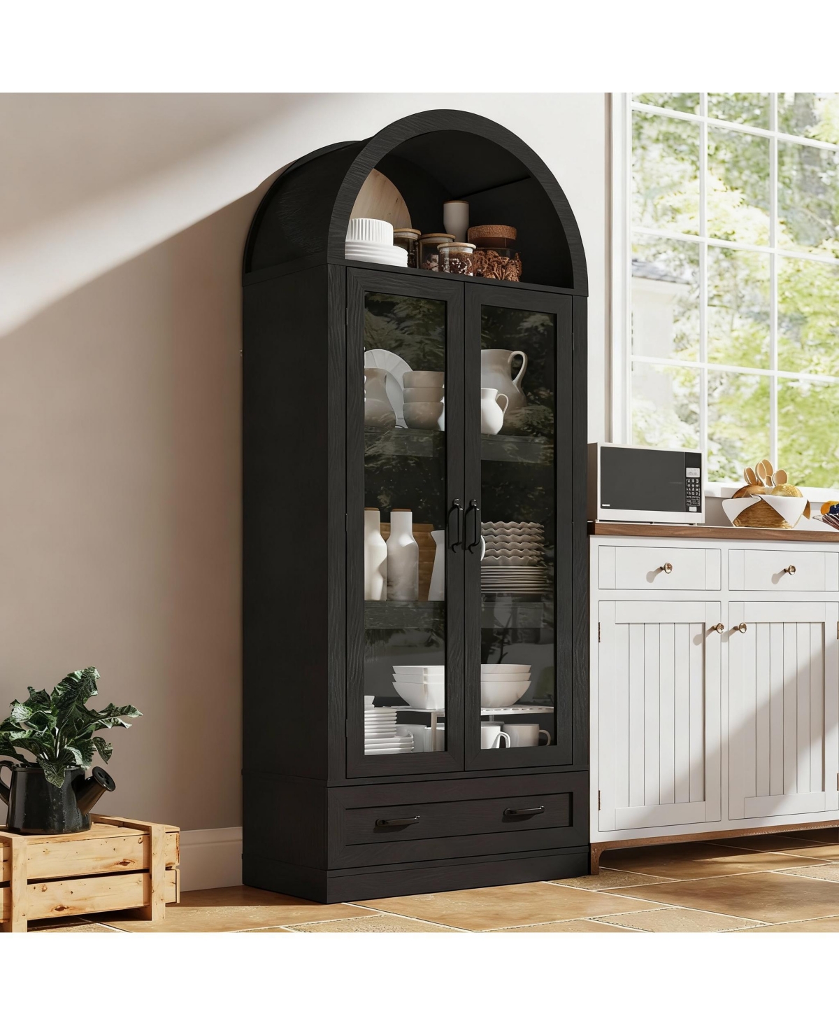 Yigii 75" Tall Arched Farmhouse Cabinet with Load-bearing Steel Pipe for Kitchen & Living