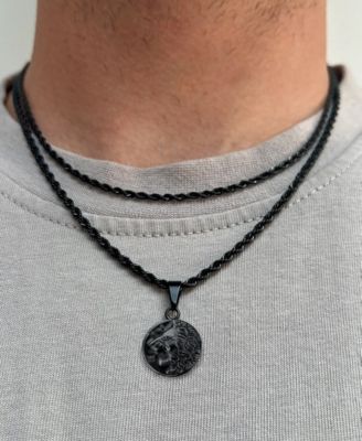 Men's Stainless Steel Black Plated Lion Coin Pendant Necklace
