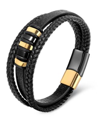 Men's Cuff Gold Plated Leather Bracelet in Stainless Steel