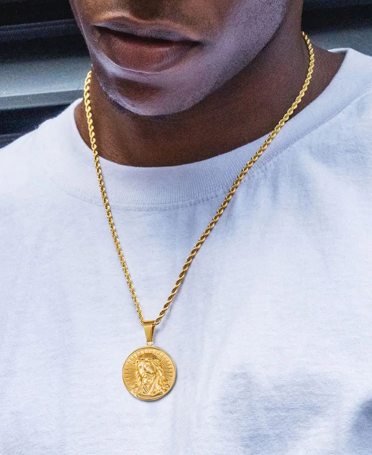 Rhona Sutton Men's Jesus Coin Pendant Necklace in 18k Gold Plated