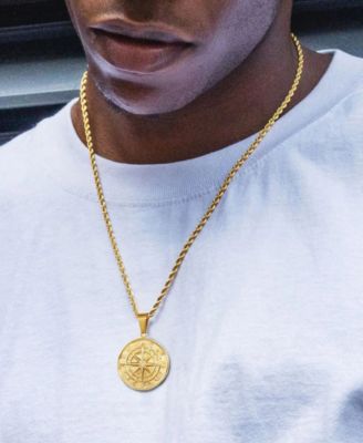 Men's Stainless Steel Compass Coin Pendant Necklace in 18k Gold Plated