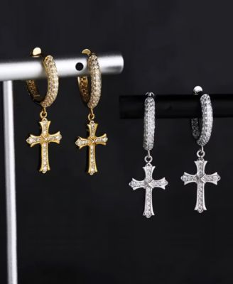 Men's Classic Iced Cross Hoop Earrings in 14k Gold