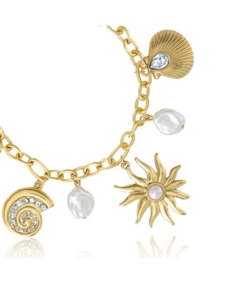 Gold-Tone Celestial Charm Bracelet with Imitation Pearls, Adjustable