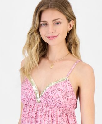 Juniors' Sequin-Trim Printed Babydoll Tank
