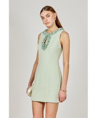 Women's Tweed Racerback Floral Trim Mini Dress