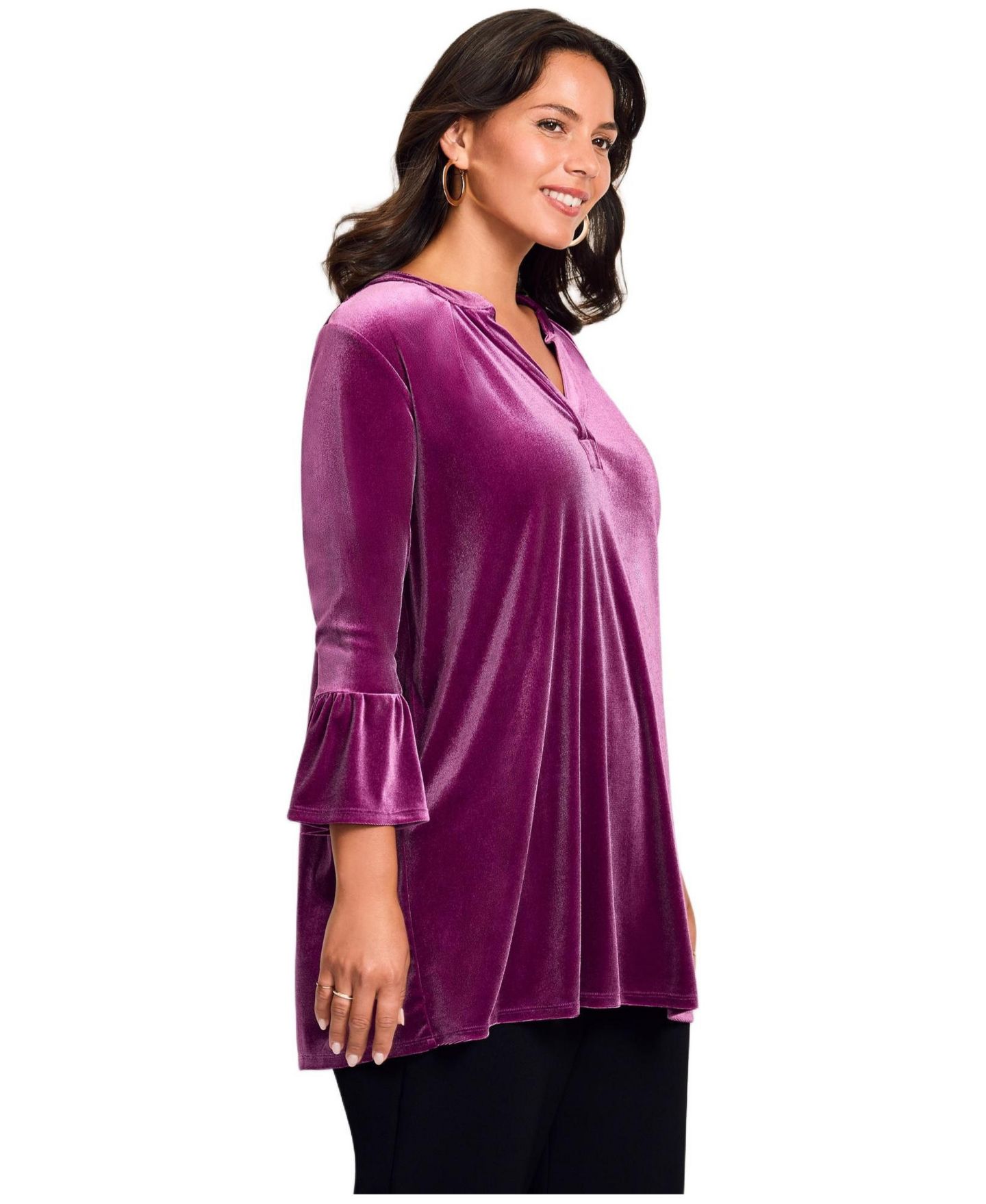 Женский топ Avenue Plus Size Split Neck Bell Sleeve, цвет: Глубокий ягодный — фото 3