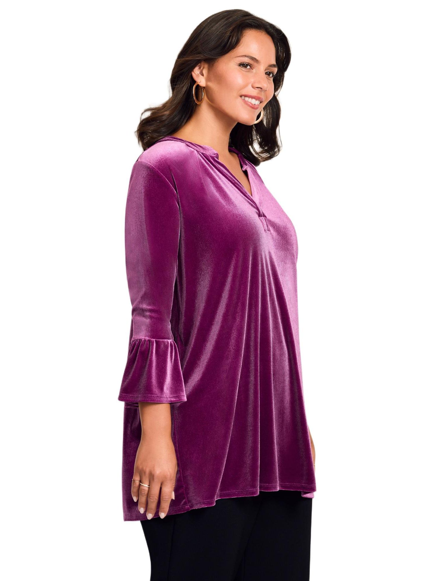 Women's Plus Size Split Neck Bell Sleeve Top