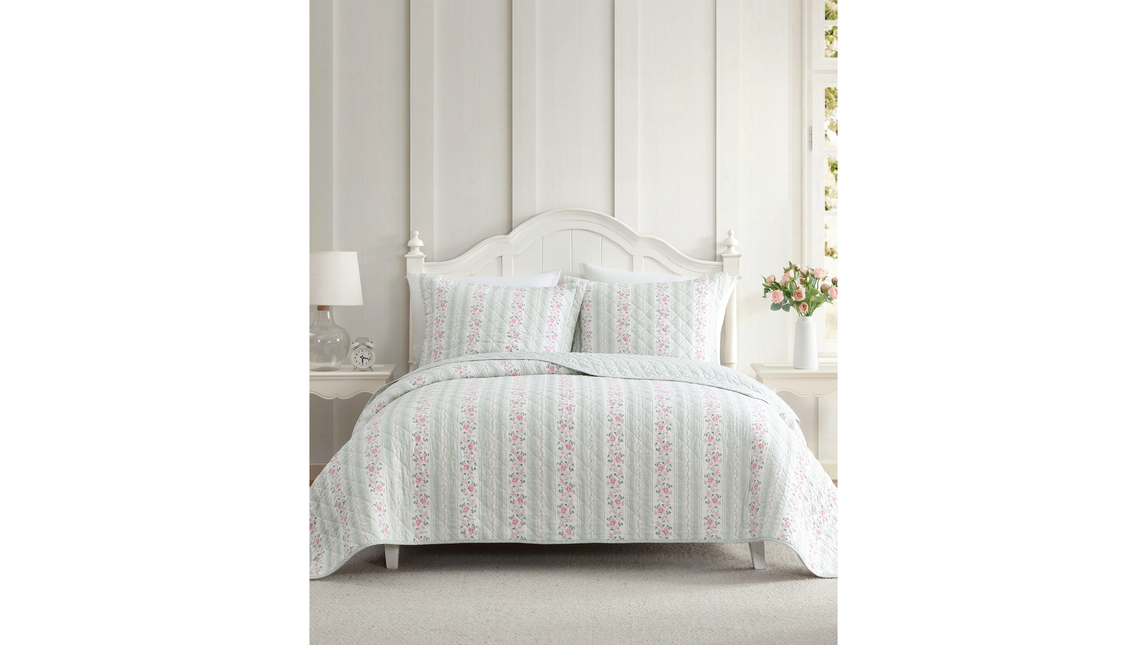 Laura Ashley Rosebud Stripe Reversible 3-Pc. Quilt Set, Full/Queen