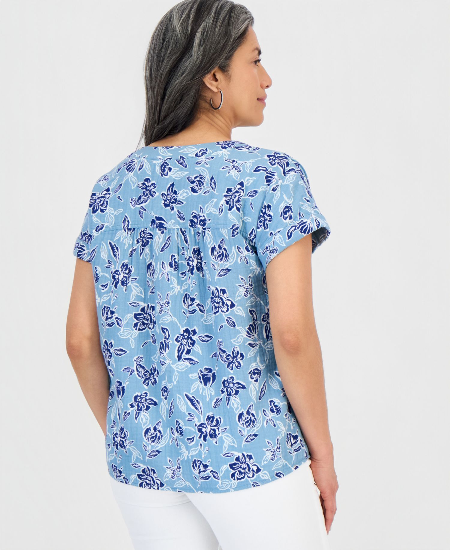 Petite Cotton Gauze V-Neck Short-Sleeve Top