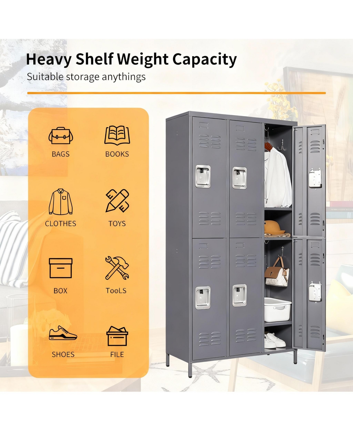 Yigii Large 72" Steel Locker with 6 Doors for Gym, Office, or School- Spacious, Durable, Easy Assembly