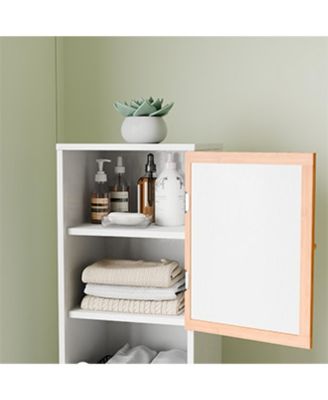Bathroom Tall Storage Cabinet, Freestanding Organizer with Bamboo Slat Doors, Adjustable Shelves, Modern Narrow Floor Cabinet for Bathroom
