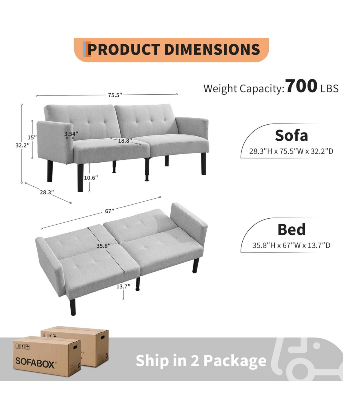 gaomon Convertible Futon Sofa Bed, 75.5” Linen Flannel Loveseat Couch Bed With Solid Wood Legs & 700lbs Capacity