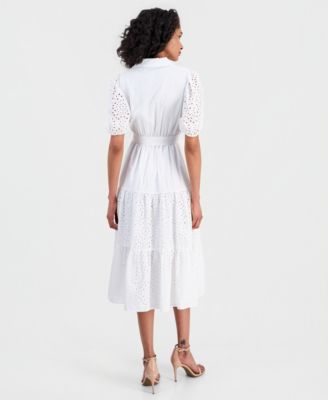 Women's Puff-Sleeve Midi Eyelet Shirtdress