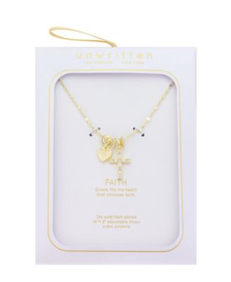 Cubic Zirconia and Imitation Pearl Cross and Heart with Rondelles Charm Necklace