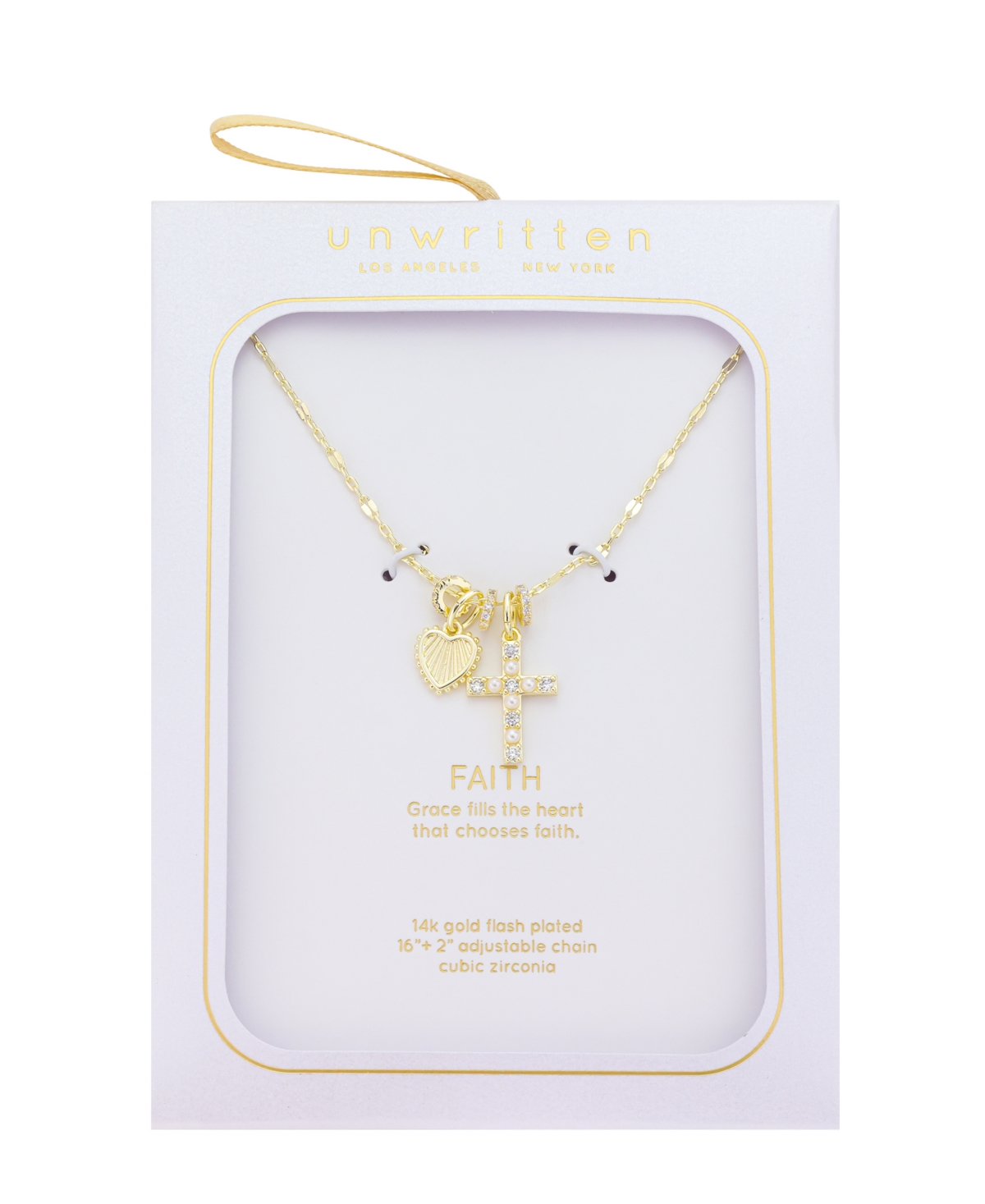 Unwritten Cubic Zirconia and Pearl Cross and Heart with Rondelles Charm Necklace