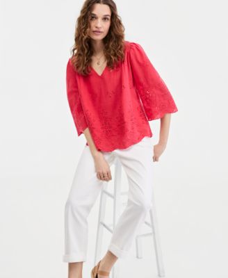 Women's Eyelet-Embroidered 3/4-Sleeve Top