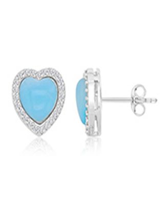 Larimar & Cubic Zirconia Heart Stud Earrings in Rhodium Over Sterling Silver