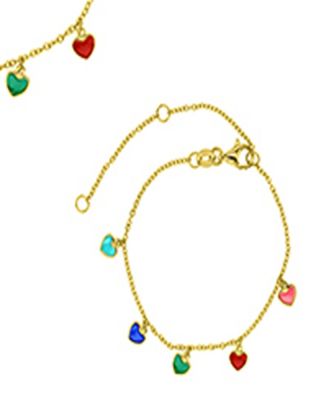 Multicolor Dangling Hearts Anklet in 14k Yellow Gold Over Sterling Silver
