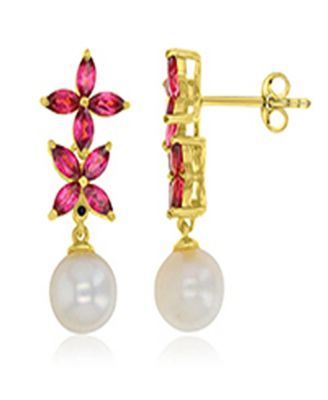Garnet & Imitation Pearl Flower Earrings in 14k Yellow Gold Over Sterling Silver