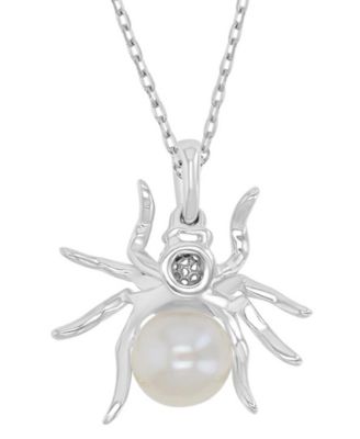 Diamond Accent & Pearl Spider Necklace in Rhodium Over Sterling Silver