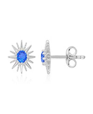 Created Blue Spinel Starburst Stud Earrings in Rhodium Over Sterling Silver