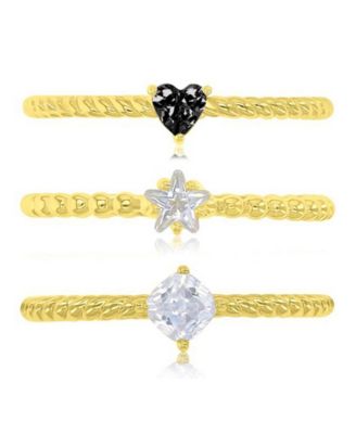 Black Cubic Zirconia Heart, Flower & Cushion Cut Ring in 14k Yellow Gold Over Sterling Silver