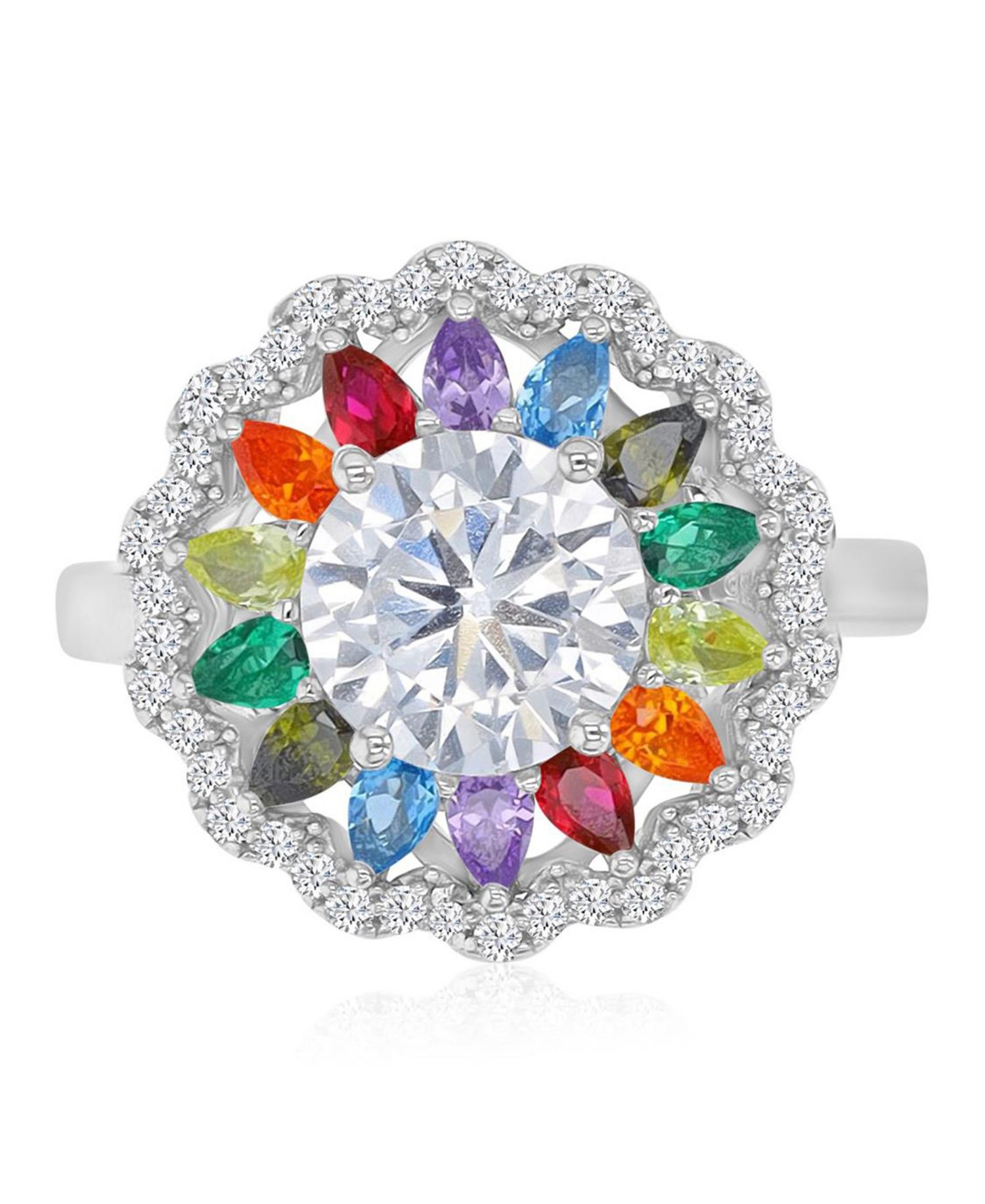 Multicolor Cubic Zirconia Large Flower Ring in Rhodium Over Sterling Silver