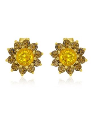 Citrine and Smokey Flower Stud Earrings in 14k Yellow Gold Over Sterling Silver