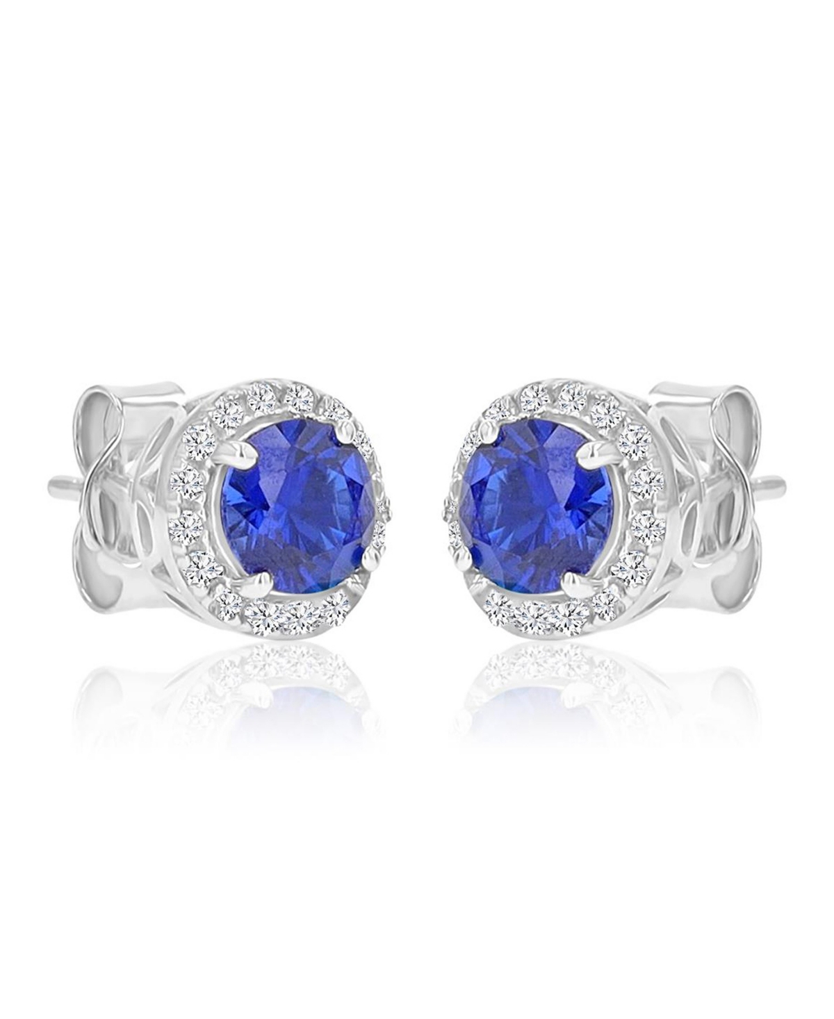Macy's Created Blue Sapphire and White Sapphire Halo Stud Earrings in Rhodium Over Sterling Silver