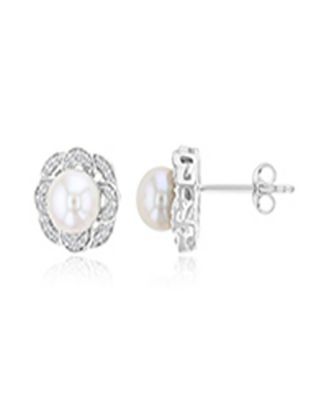 Diamond & Imitation Pearl Stud Earrings in Rhodium Over Sterling Silver