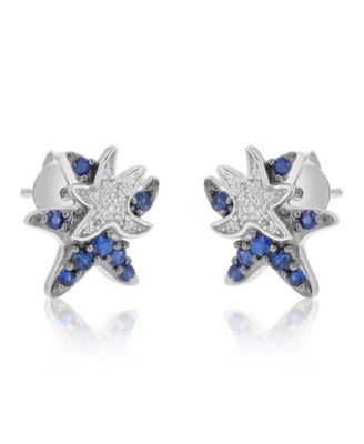 White Sapphire and Created Blue Sapphire Duo Starfish Stud Earrings in Rhodium Over Sterling Silver
