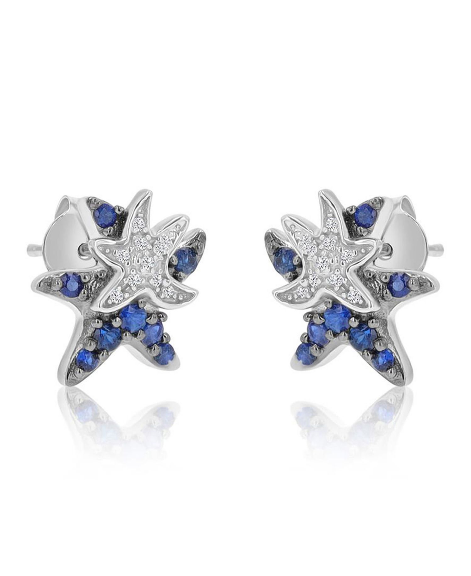 White Sapphire and Created Blue Sapphire Duo Starfish Stud Earrings in Rhodium Over Sterling Silver