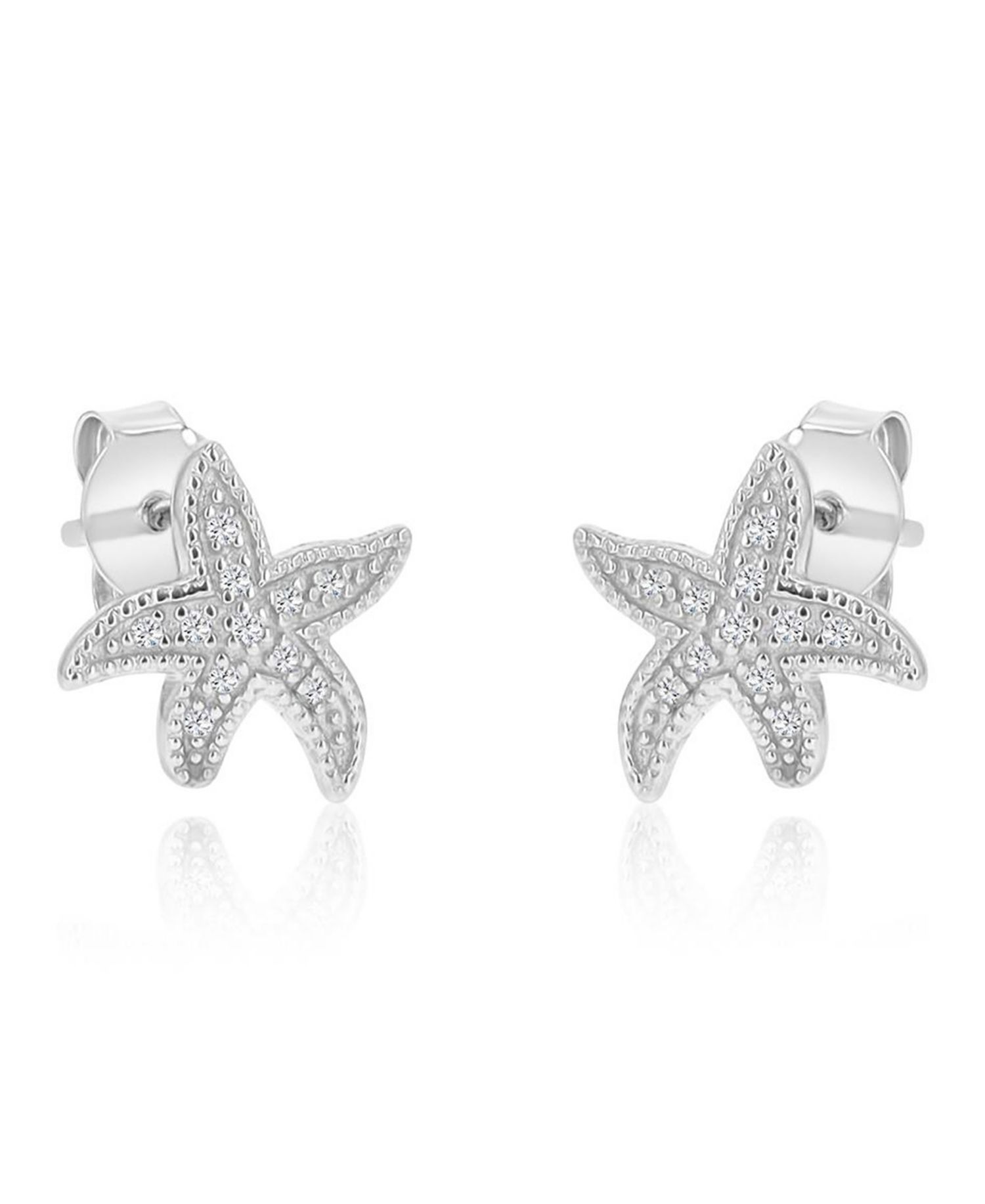 Created White Sapphire Star Fish Stud Earrings in Rhodium Over Sterling Silver
