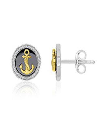 Created White Sapphire and Black Enamel Anchor Stud Earrings in 14k Yellow Gold Over Sterling Silver
