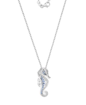 Created White Sapphire & Blue Sapphire Seahorse Necklace in Rhodium Over Sterling Silver
