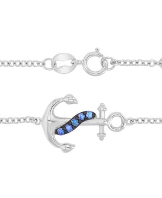 Created Blue Sapphire Anchor Bracelet in Rhodium Over Sterling Silver