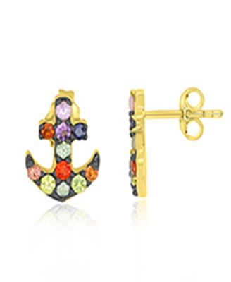 Multi-Stone Anchor Stud Earrings in 14k Yellow Gold Over Sterling Silver
