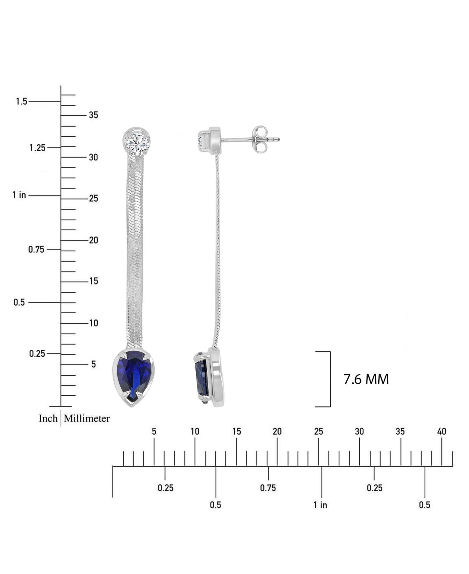 Created White Sapphire and Created Blue Sapphire Herringbone Chain Dangling Earrings in Rhodium Over Sterling Silver