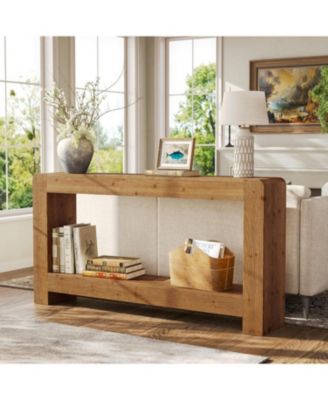 Solid Wood Console Table with Storage, 63-Inch Farmhouse Entryway Table, 2-Tier Narrow Sofa Console Behind Couch