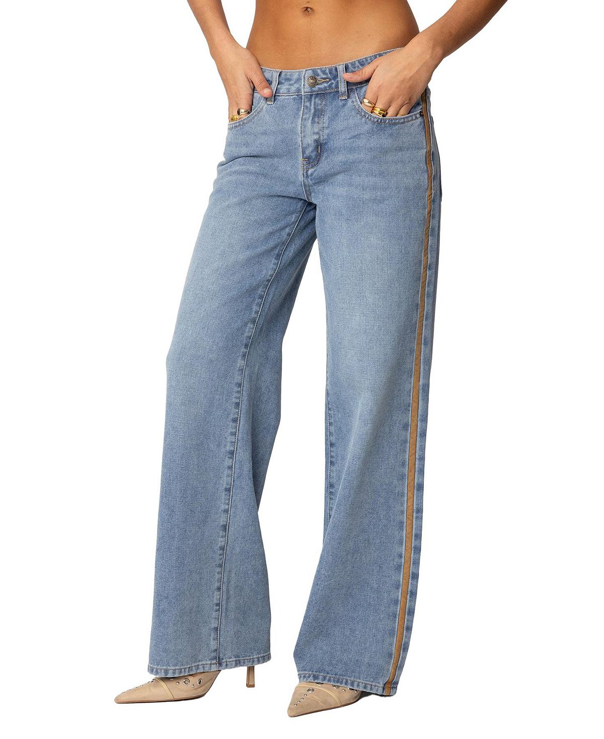 Edikted Women's Faux Suede Stripe Low Rise Straight Leg Jeans view 4 — MAYCSS fashion products
