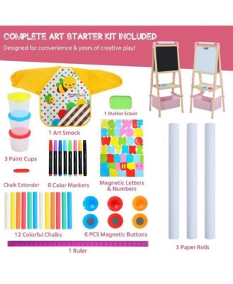 3 in 1 Kids Art Easel Set, Dual-Sided Art Station w/Whiteboard & Chalkboard