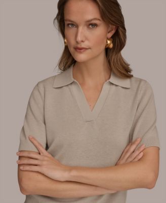 Women's Cotton Cashmere Polo Sweater with Elbow Sleeve