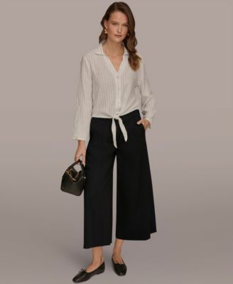 Women's Linen Button-Front Tie Blouse